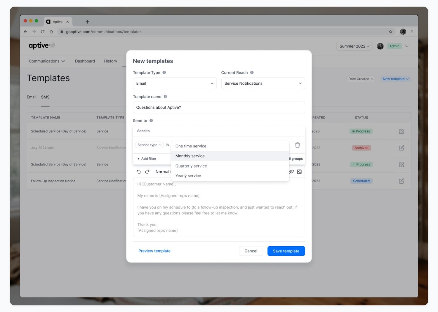 Template modal interface