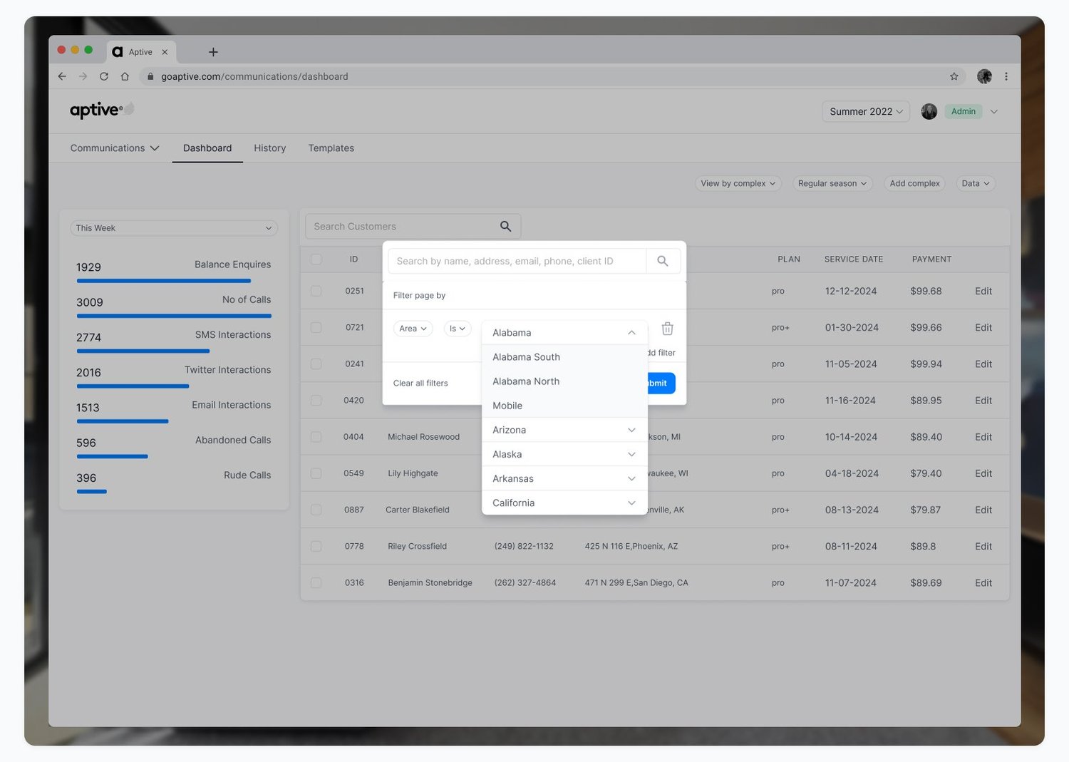 Customer filtering interface