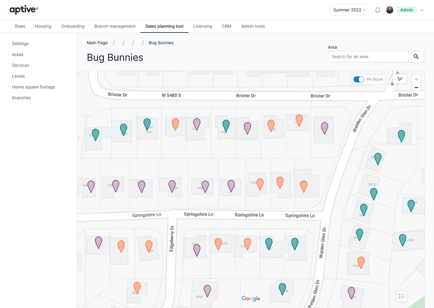 Sales Planning Tool property-level map with categorized pins.