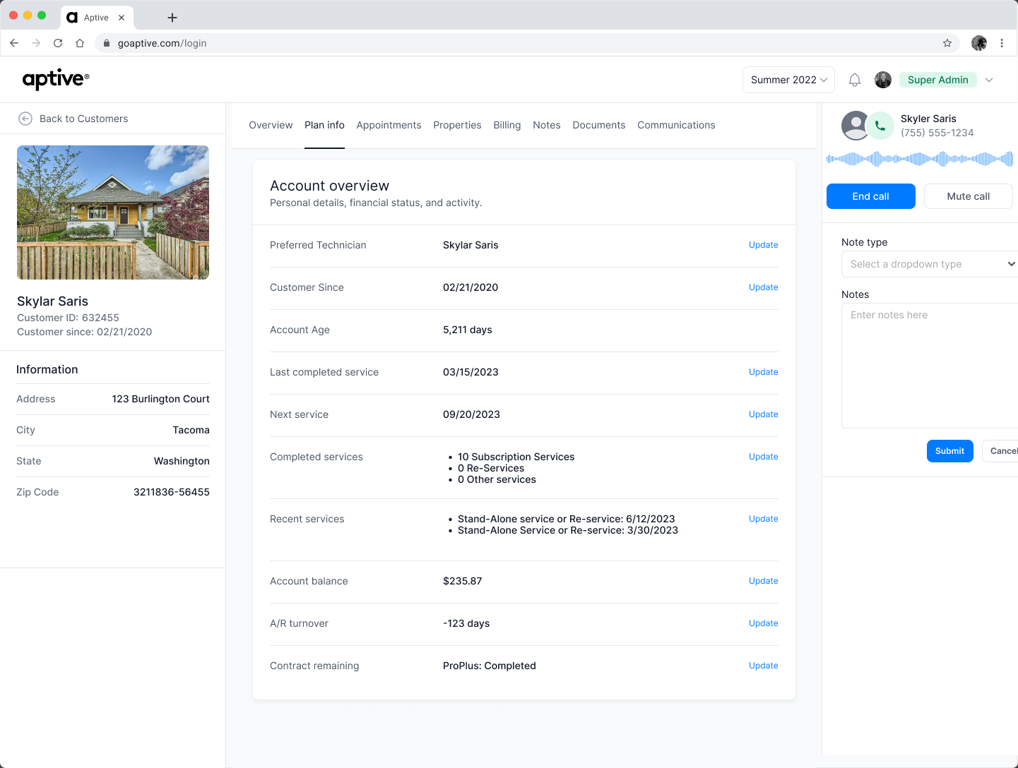 Aptive CRM account overview shown alongside an active customer call and note-taking workflow.