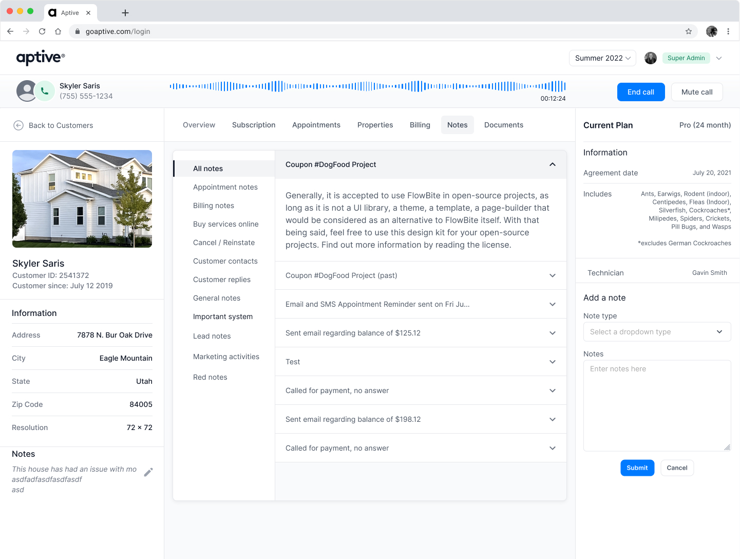 Aptive CRM notes interface organized by customer communication and account categories.