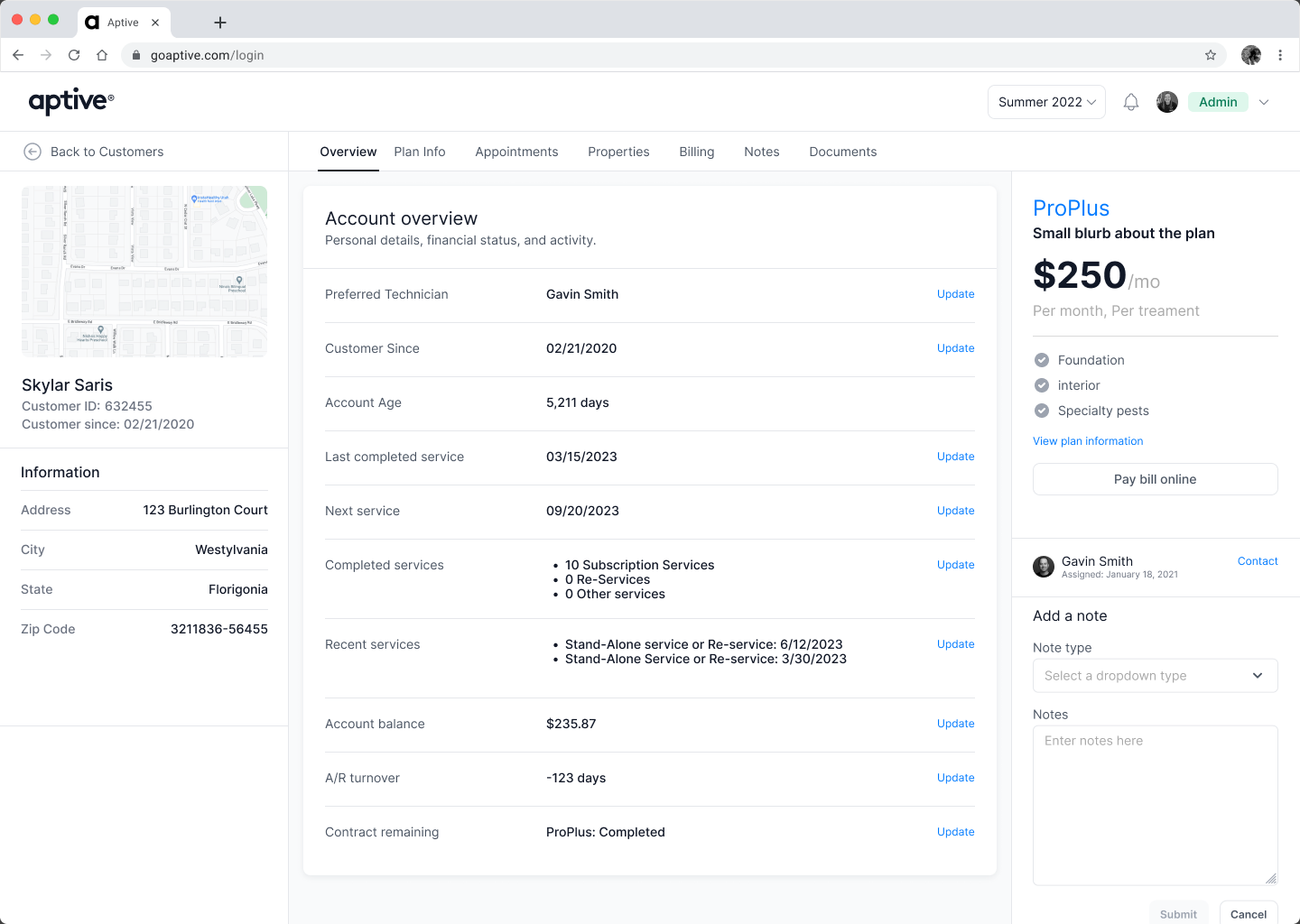 Aptive customer account overview with service history plan details and customer context