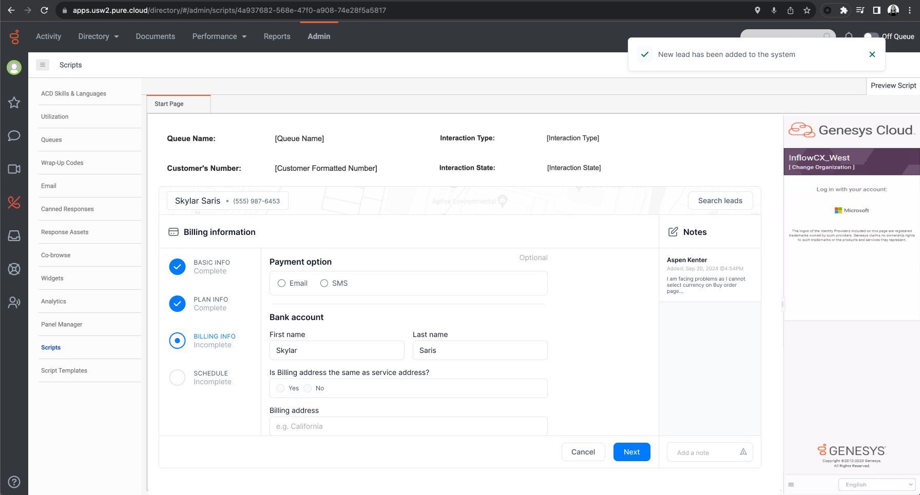 Aptive customer setup workflow showing payment method and billing address fields inside a call center workspace