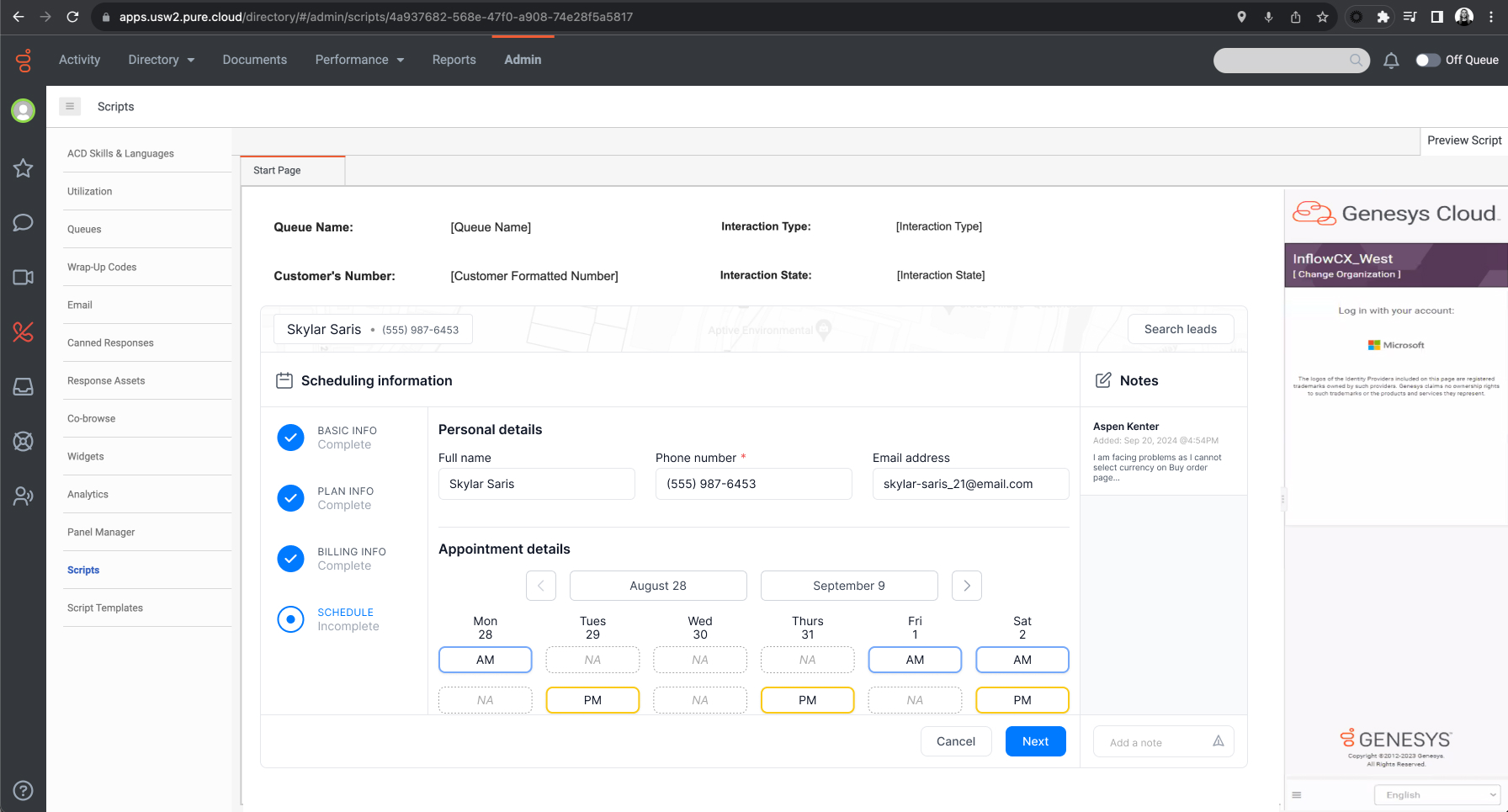 Aptive customer setup workflow showing appointment availability and scheduling options inside a call center workspace