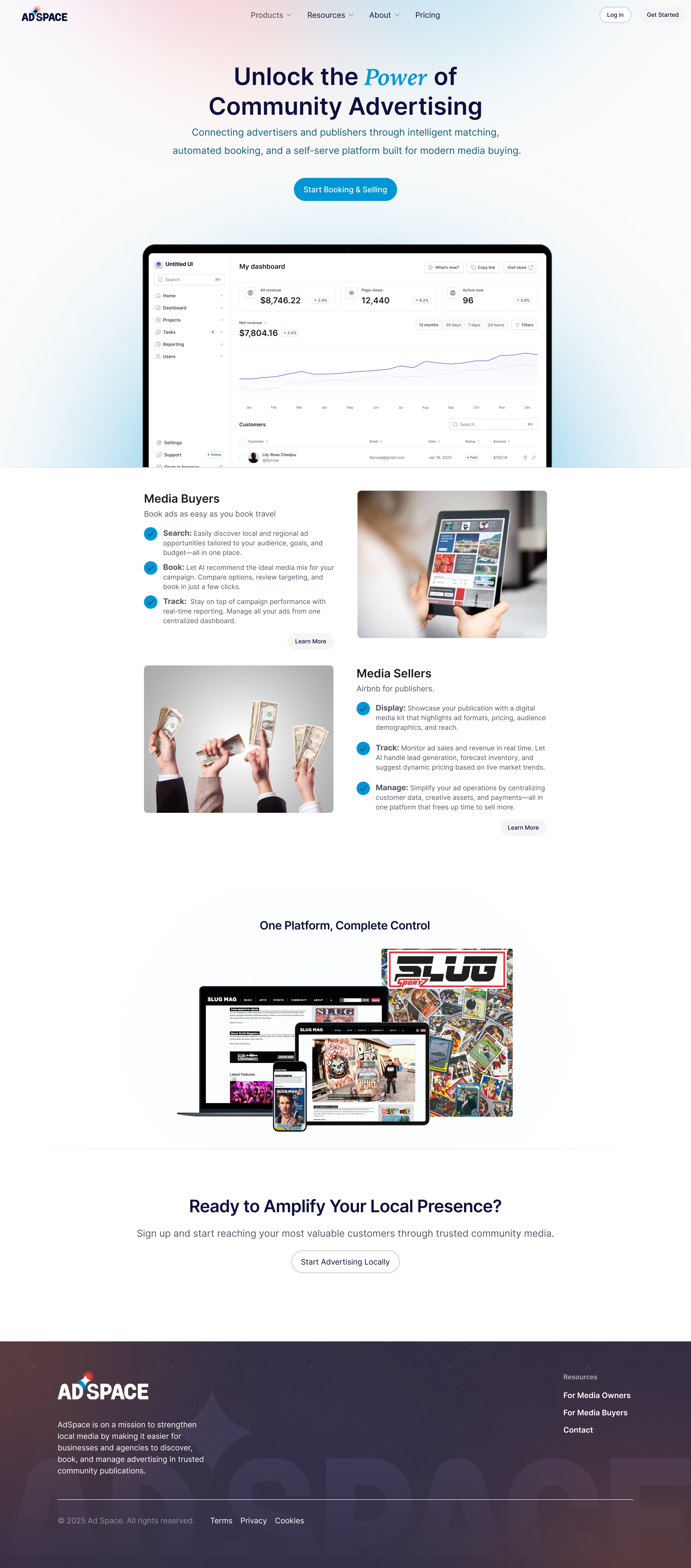 AdSpace community advertising marketplace landing page connecting local media buyers and publishers