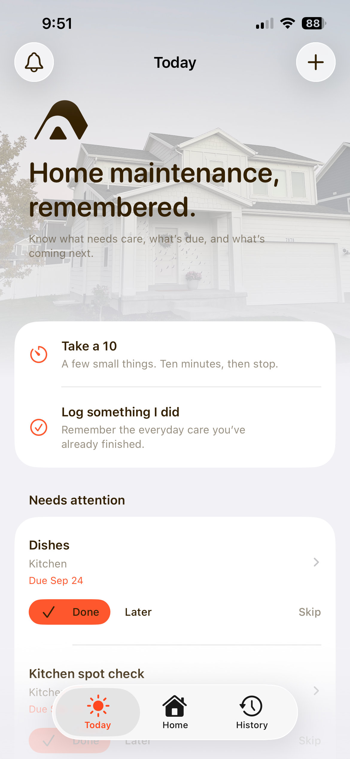 Mobile home maintenance dashboard showing due tasks quick actions and maintenance history navigation