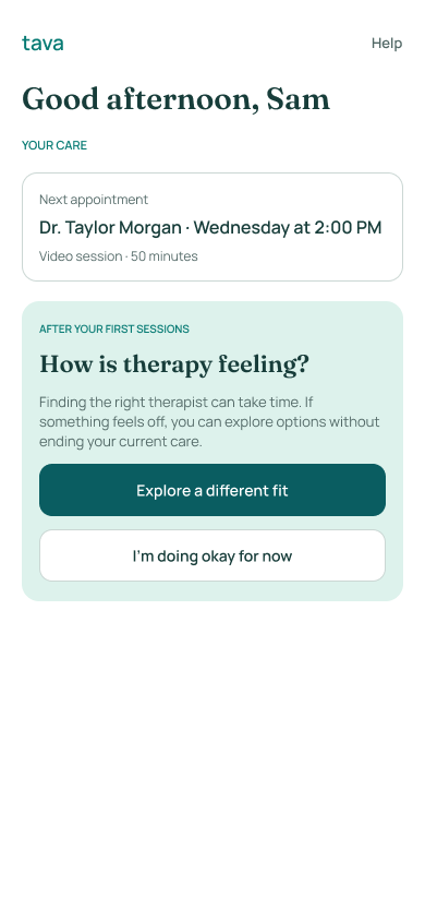 Tava concept care dashboard prompting a client to explore a different therapist fit while preserving current care