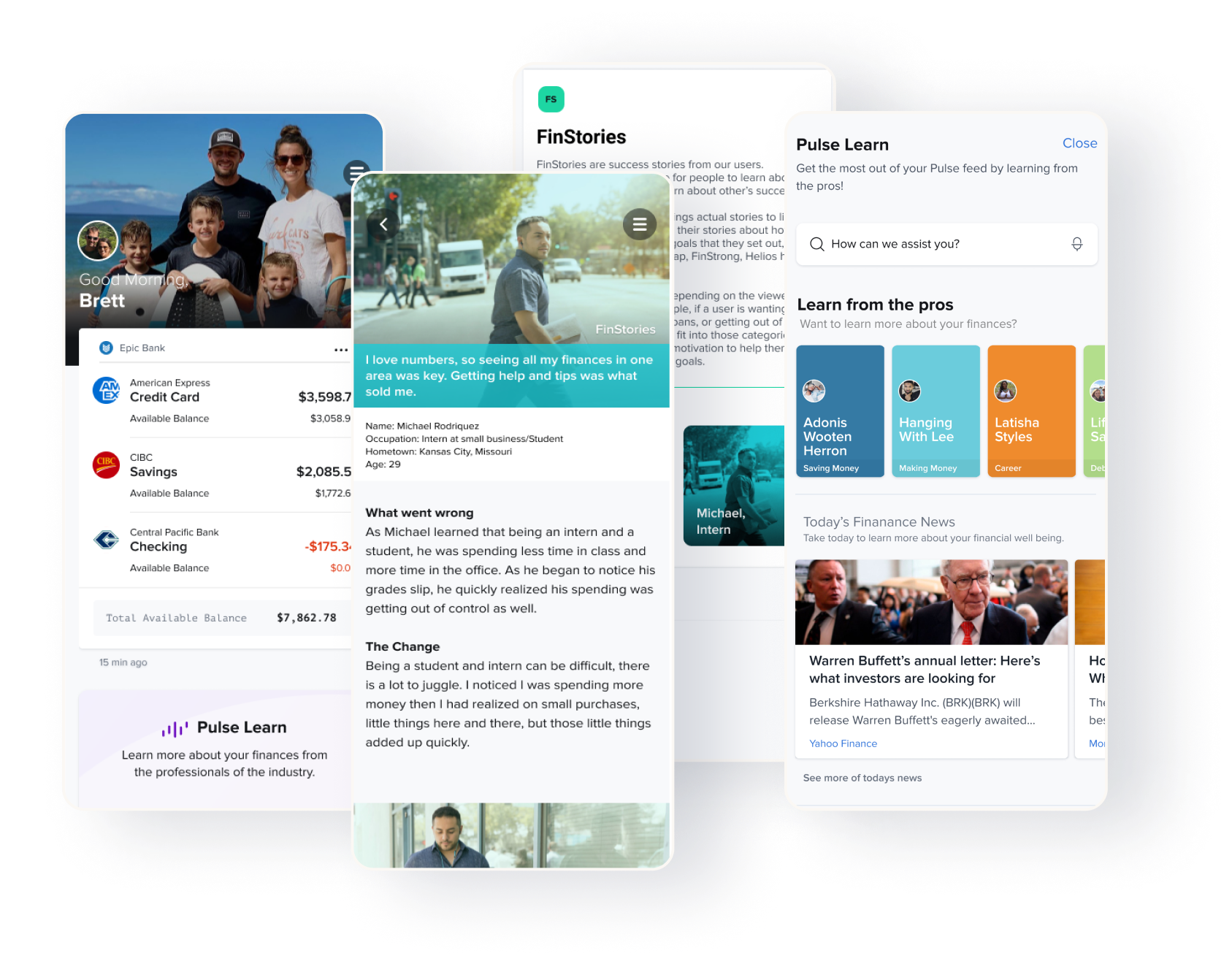 MX Pulse concepts showing the financial feed, FinStories, and Pulse Learn experiences.