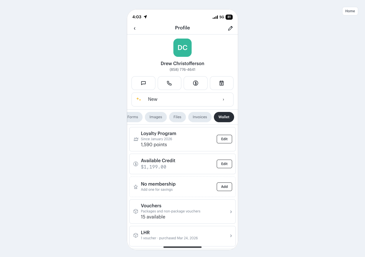 Podium MedSpa mobile client wallet showing loyalty points, available credit, memberships, and vouchers