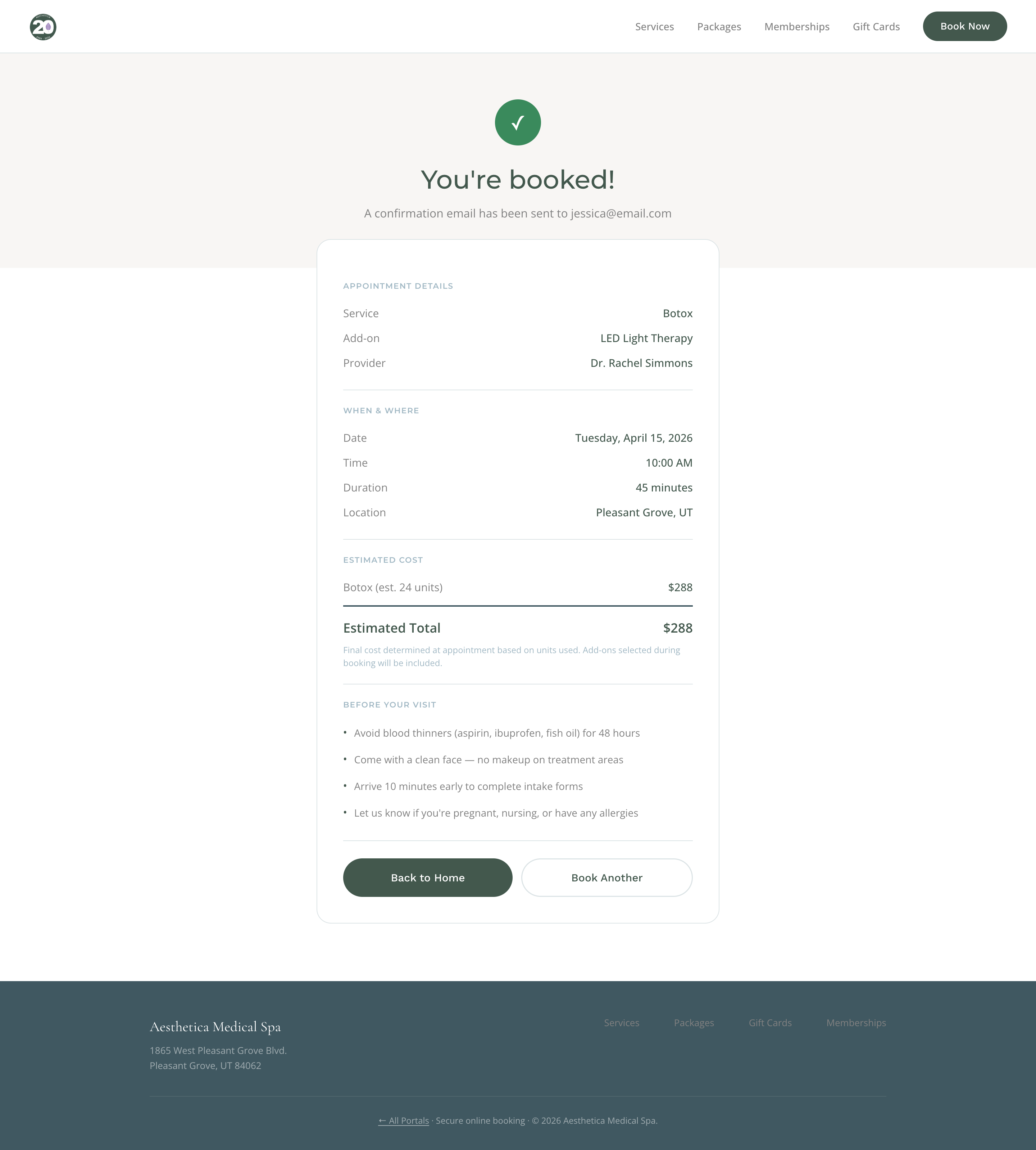Appointment booking confirmation screen with appointment details, estimated cost, and visit preparation notes.