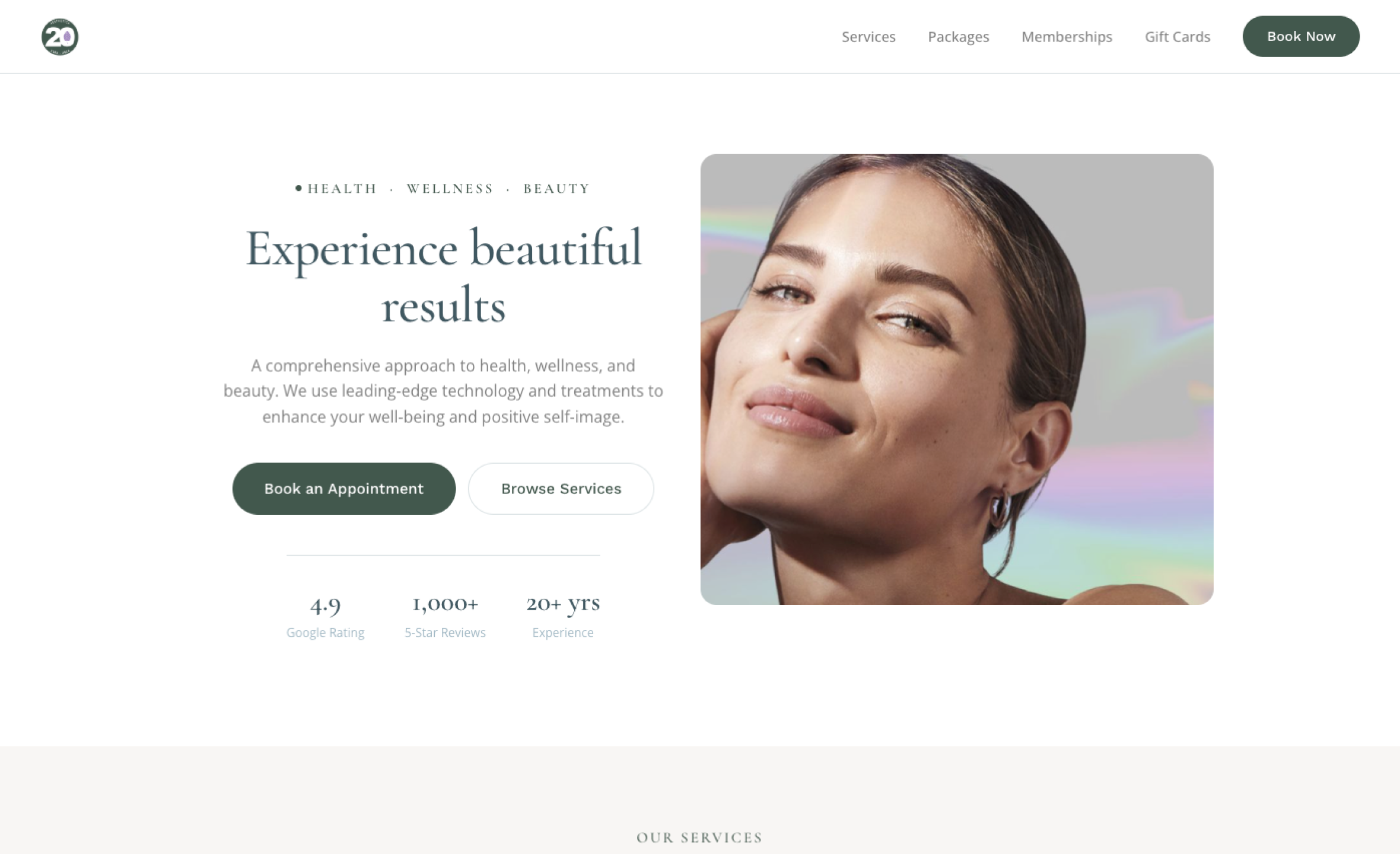 Med spa website hero with appointment booking calls to action.