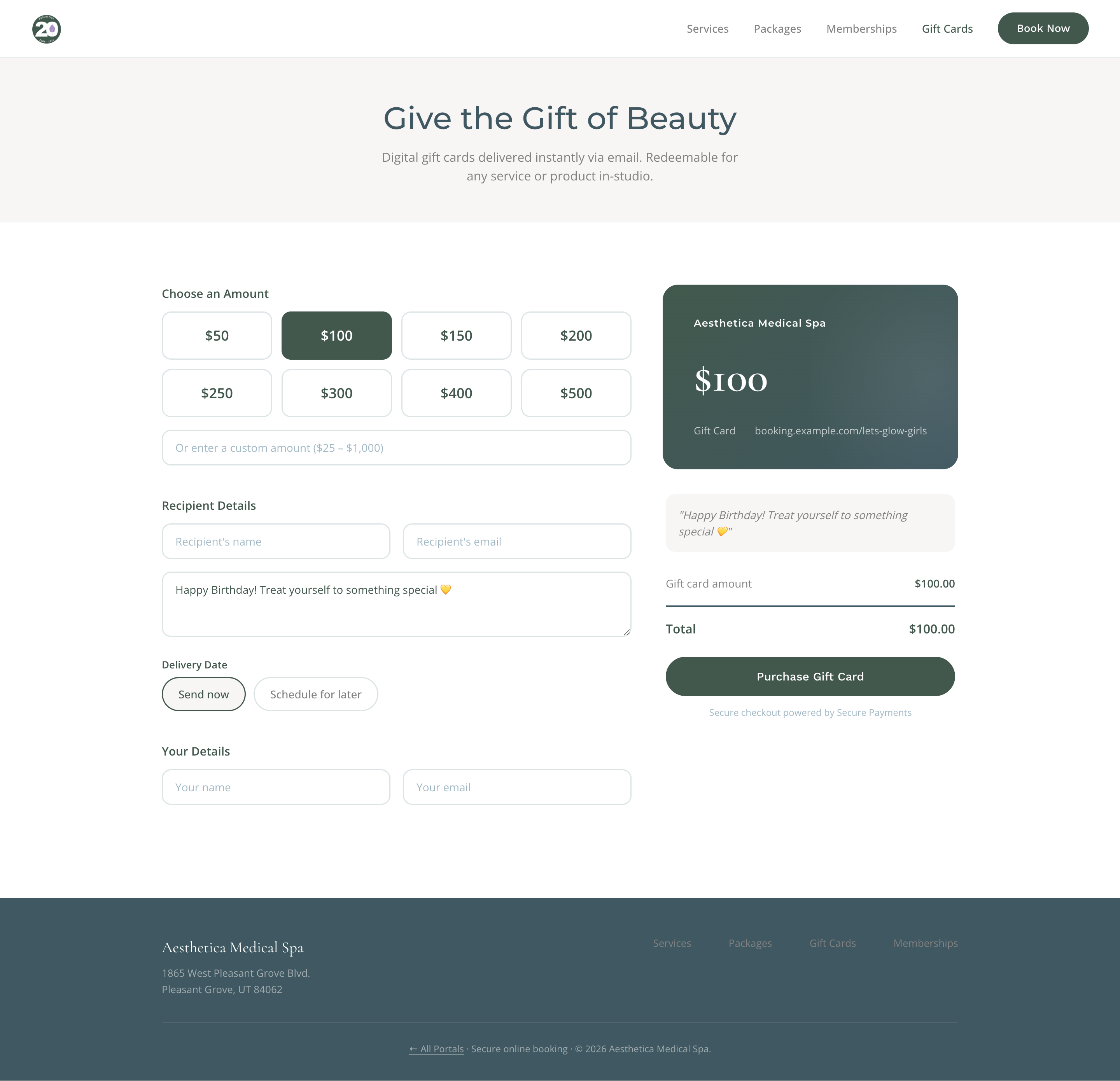 Gift card purchase form with recipient details, delivery date options, and purchase summary.