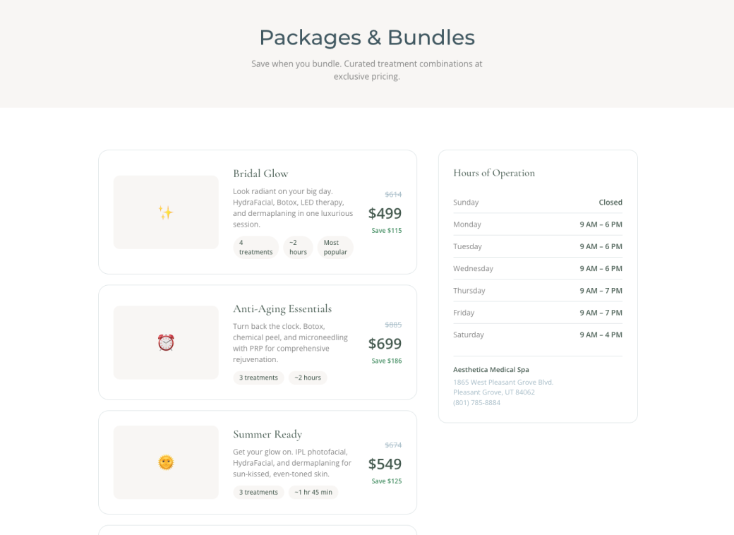 Packages and bundles selection screen with treatment cards and hours of operation.